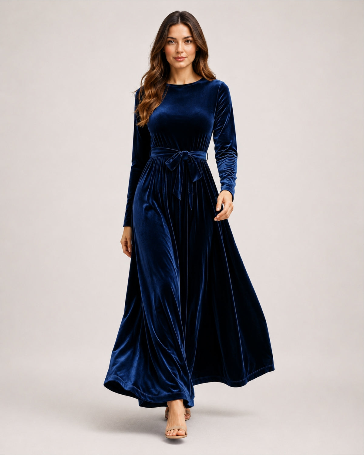 Women's Velvet Maxi Dress Long Sleeve Belted Style