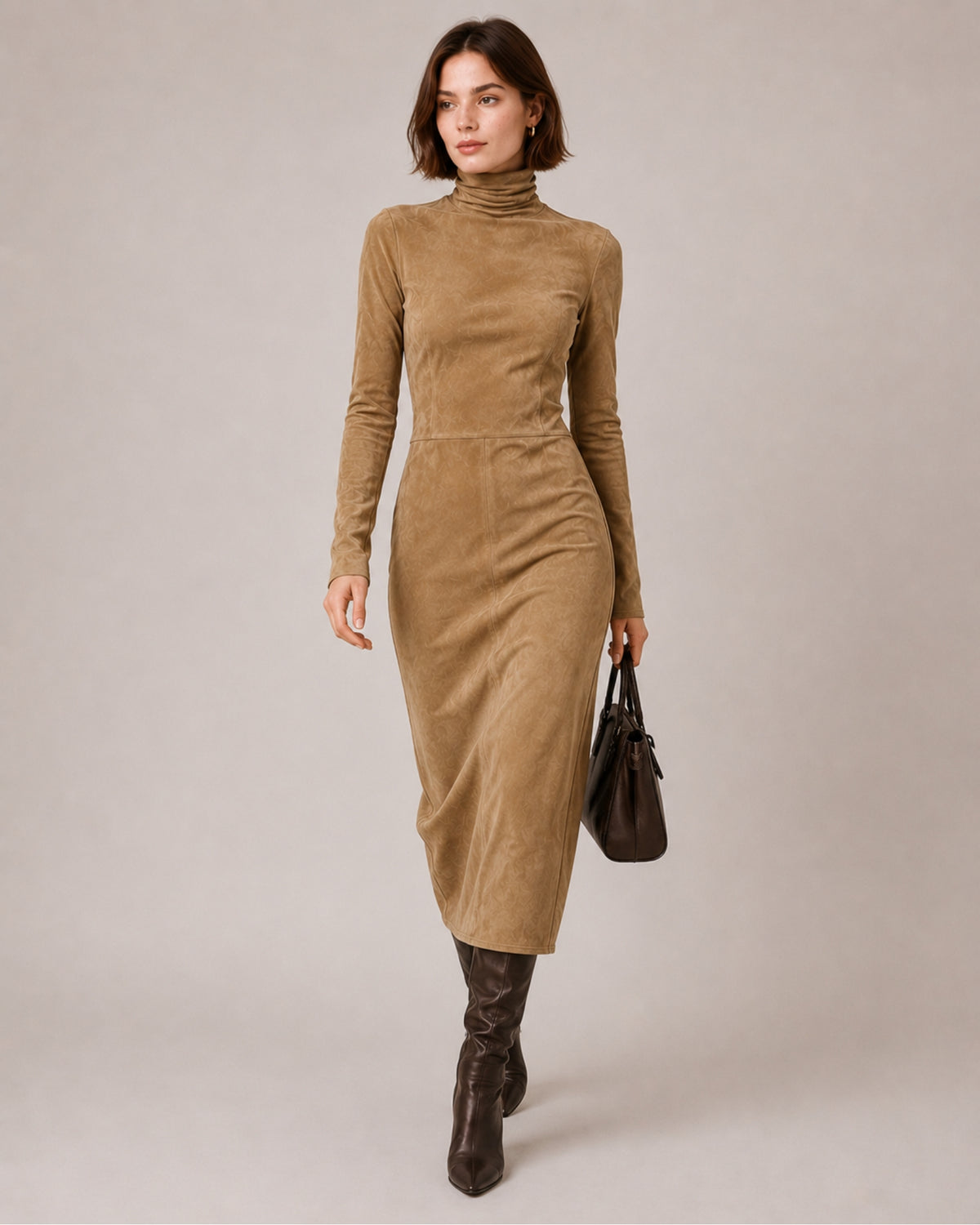 Women's Faux Suede Midi Dress – Long Sleeve