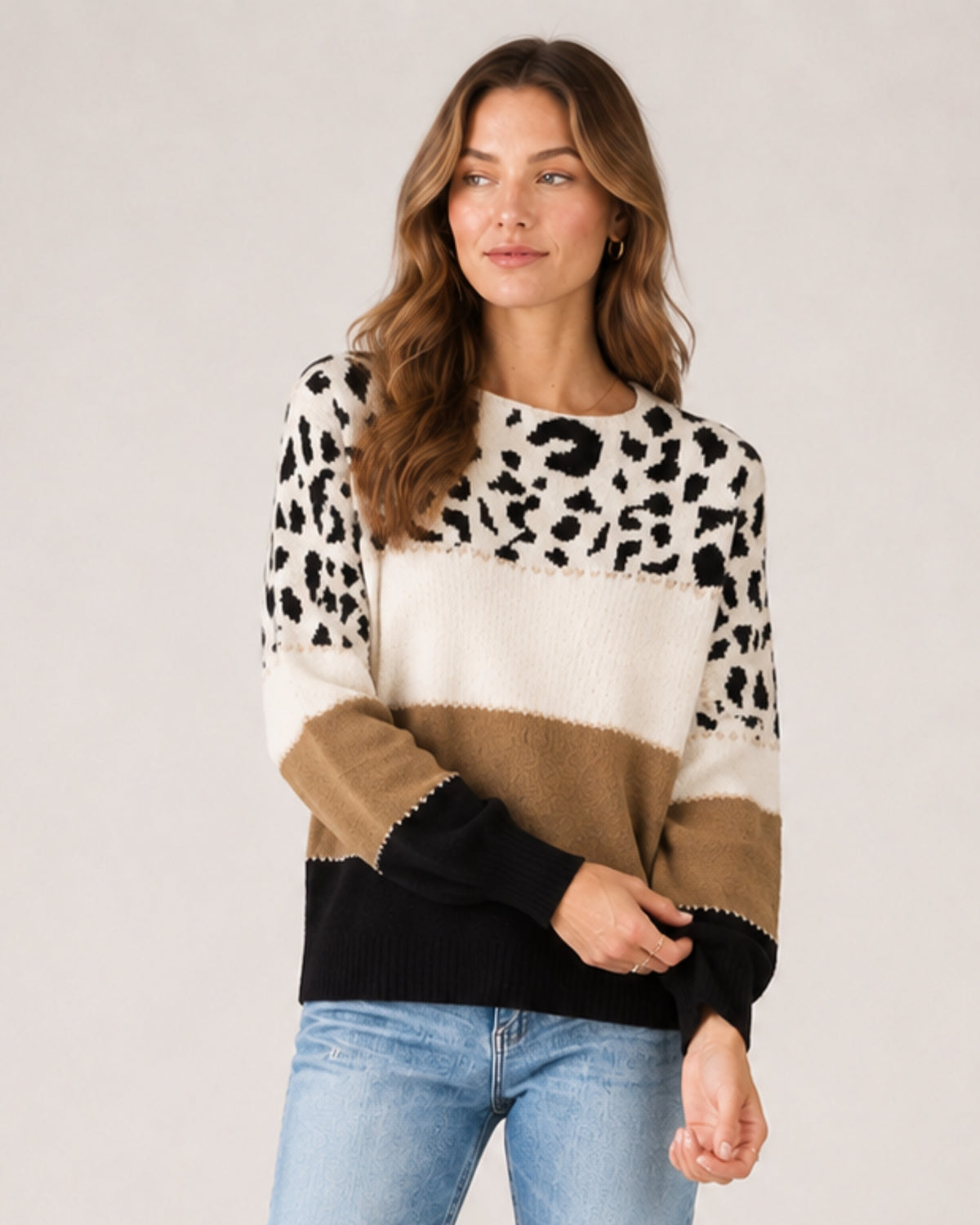 Women's Knitted Jumper Patterned Colour Block Crew Neck Style