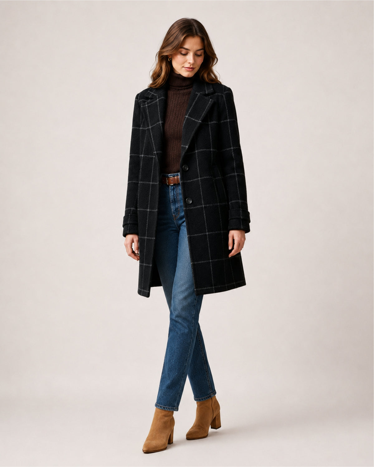 Women's Checked Coat Long Tailored Button Front Style