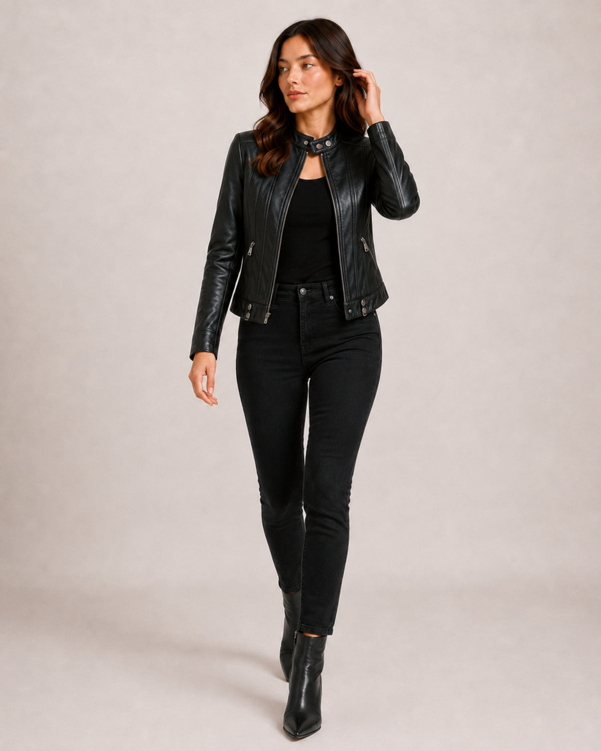Women's Brown Faux Leather Jacket – Fitted Zip-Up Style