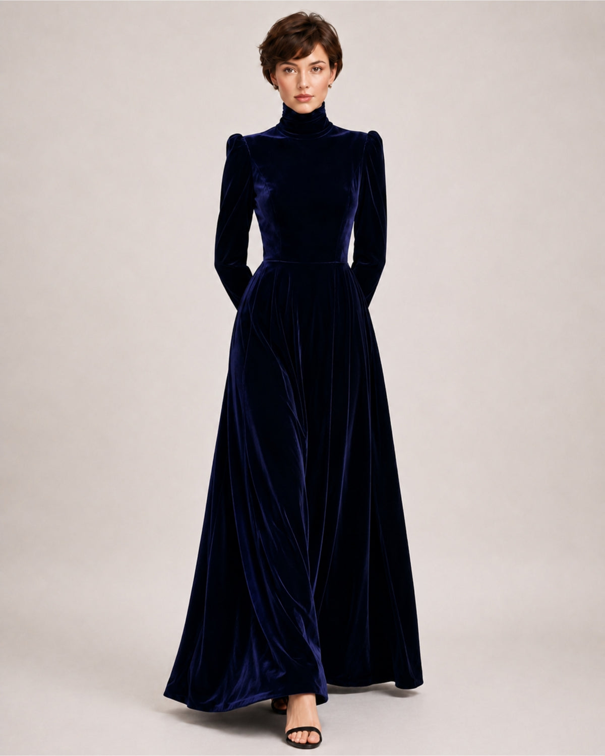 Women's Velvet Dress High Neck Long Sleeve A Line Style