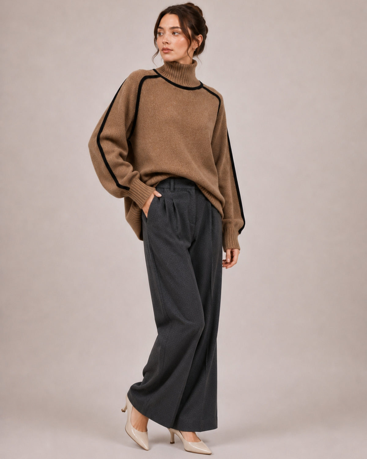 Women's Oversized Turtleneck Jumper with Contrast Trim