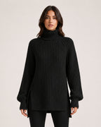 Women's Chunky Knit Roll Neck Jumper with Side Splits