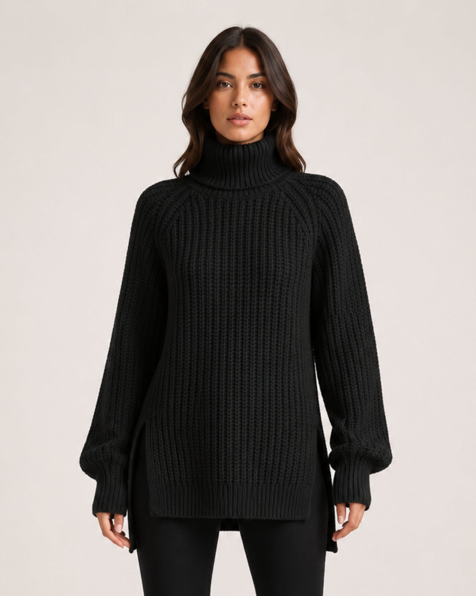Women's Chunky Knit Roll Neck Jumper with Side Splits