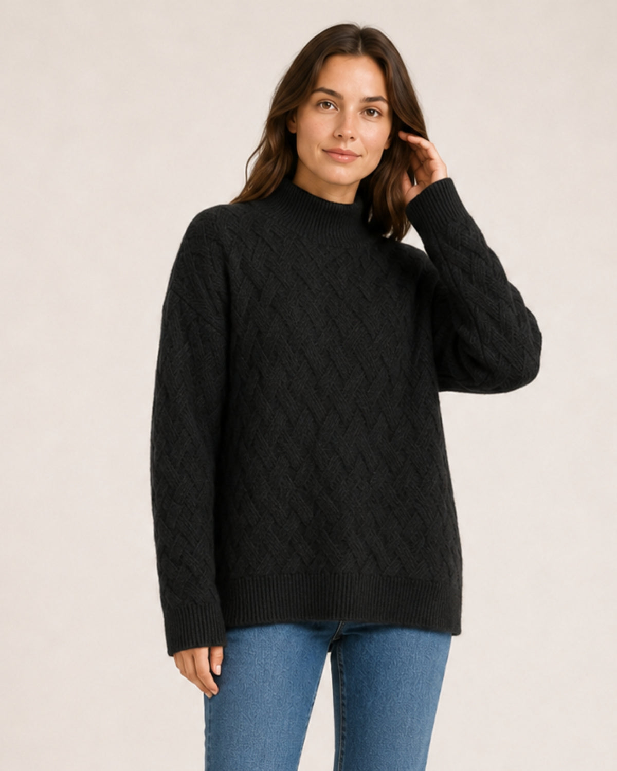 Women's Textured Roll-Neck Jumper with Basketweave Knit