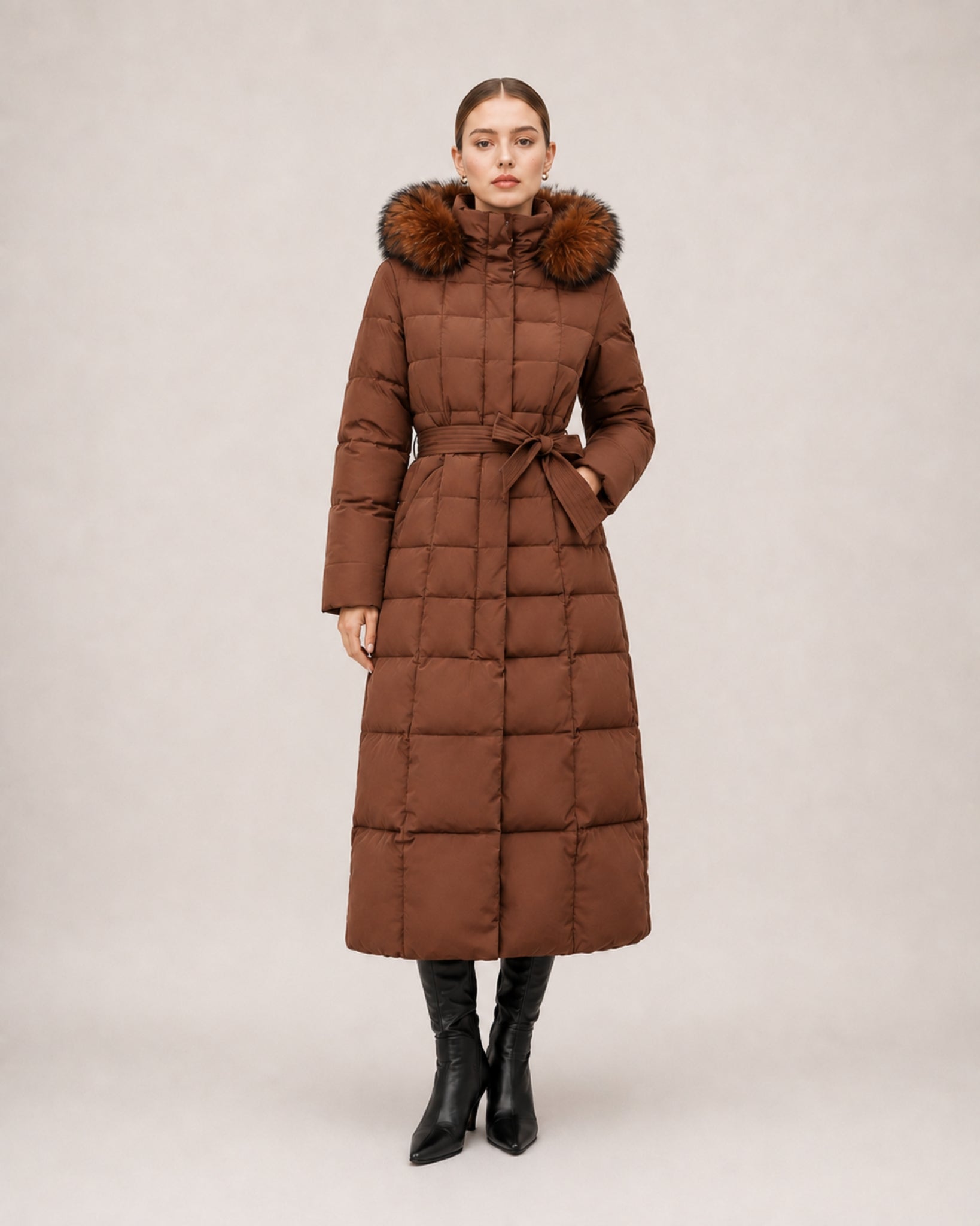 Women's Long Puffer Coat with Faux Fur Hood & Belt