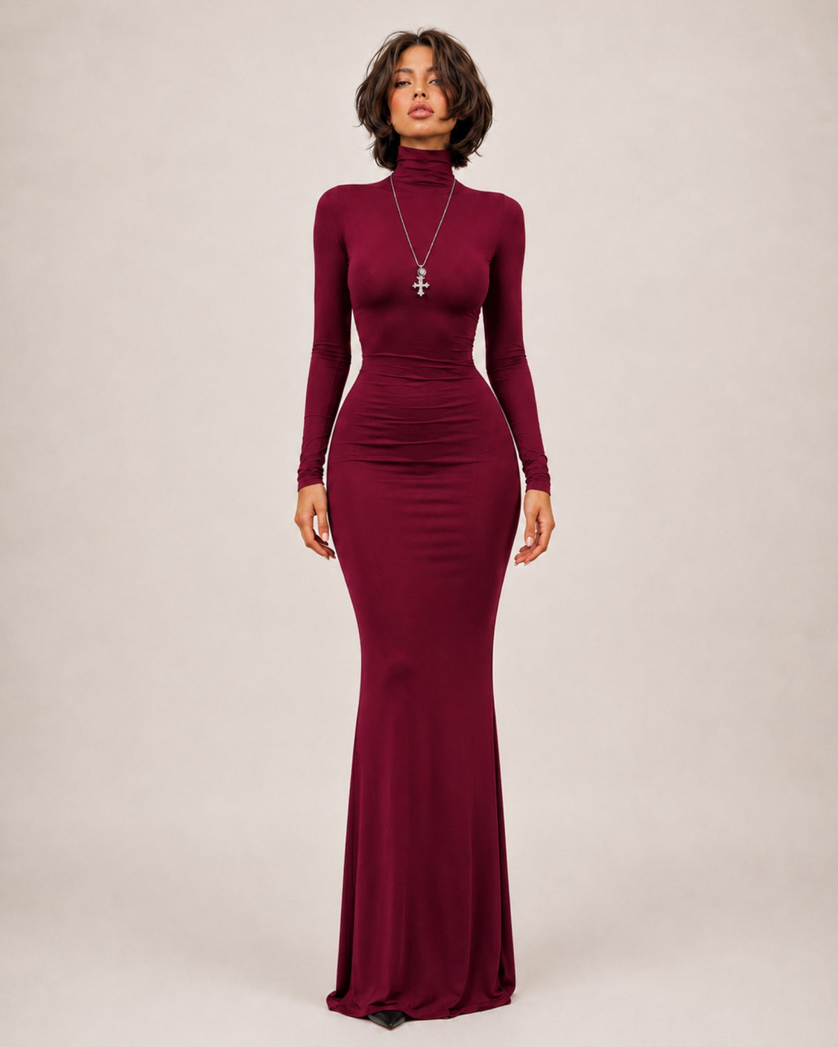 Women's Long Sleeve Bodycon Maxi Dress with High Neck