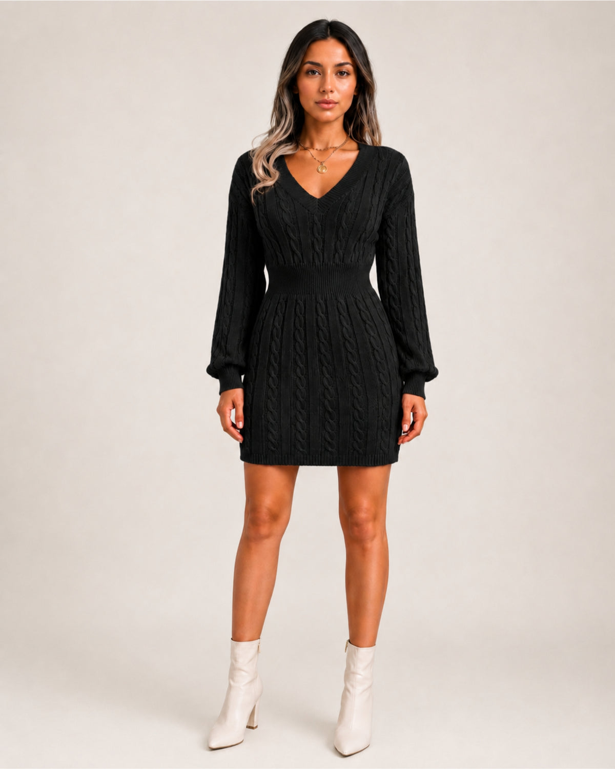 Women's Cable Knit Midi Dress – V Neck Long Sleeve Knitted Dress