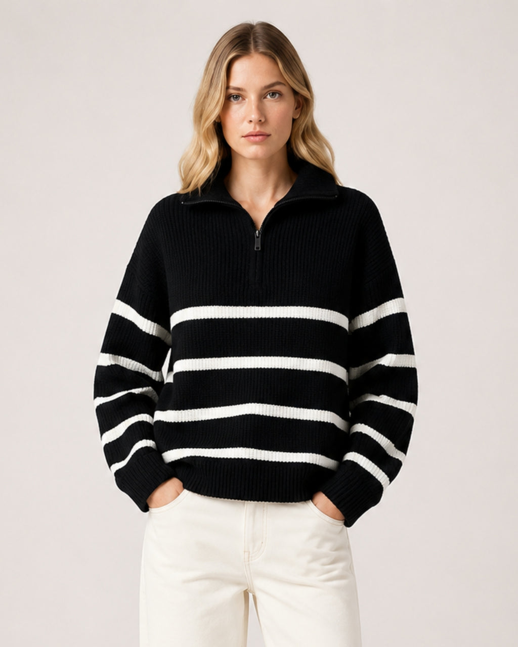 Women's Striped Jumper Half Zip Collared Knit Style