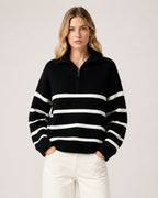 Women's Striped Jumper Half Zip Collared Knit Style
