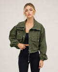 Women's Cropped Utility Jacket with Stand Collar and Chest Pockets