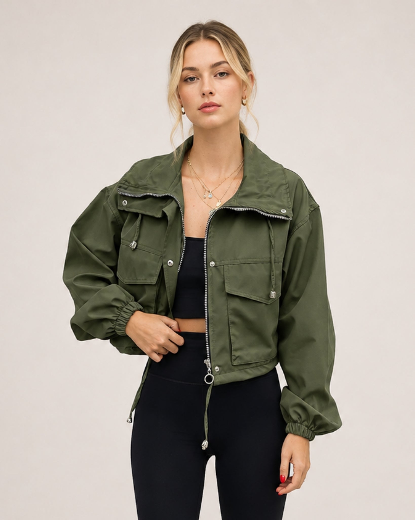 Women's Cropped Utility Jacket with Stand Collar and Chest Pockets
