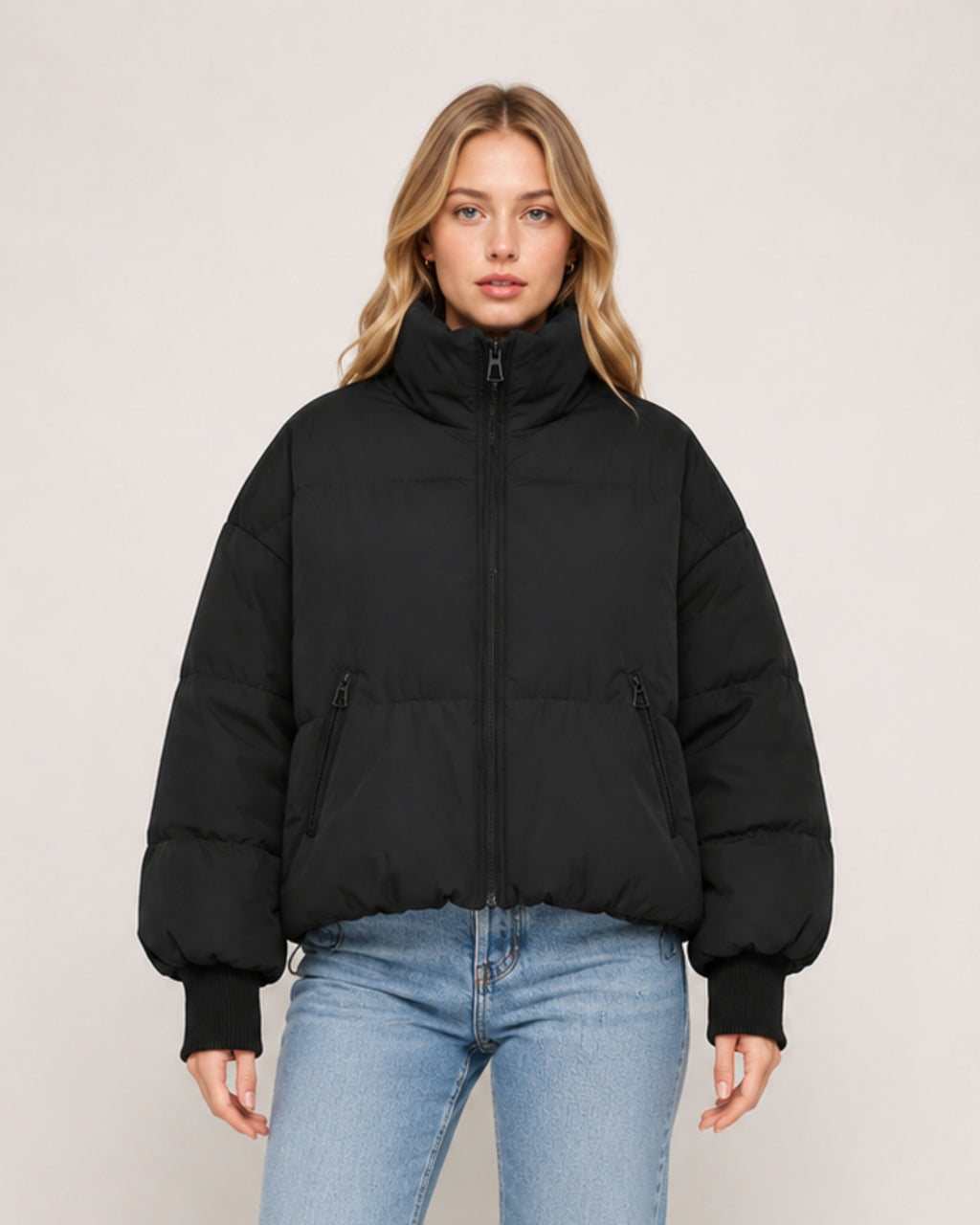 Women's Cropped Puffer Jacket with High Neck and Ribbed Cuffs