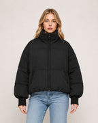 Women's Cropped Puffer Jacket with High Neck and Ribbed Cuffs