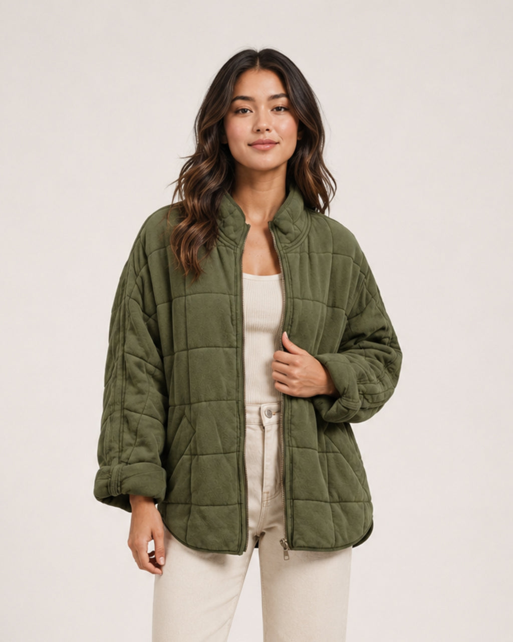 Women's Green Quilted Jacket – Relaxed Zip-Up Style