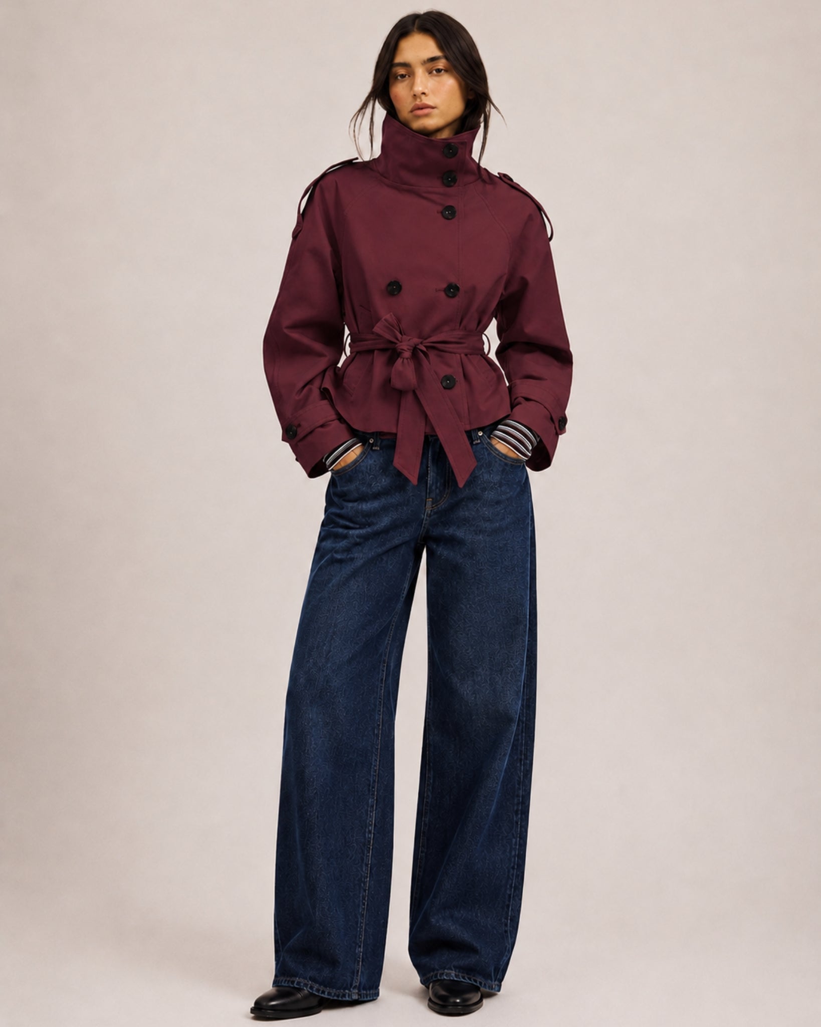 Women's Cropped Trench Coat with Belt & Stand Collar