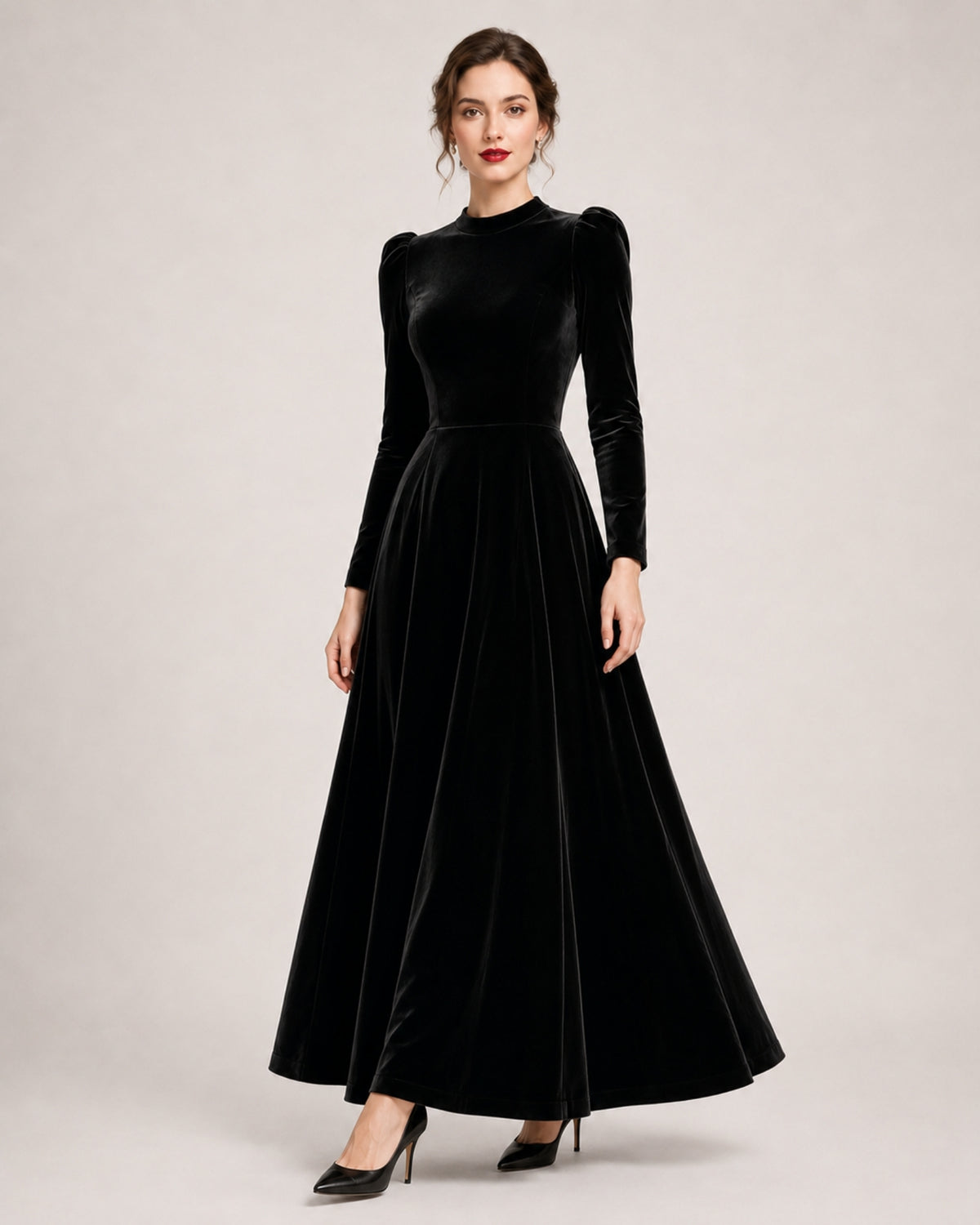 Women's Velvet Dress Midi Long Sleeve A Line Style