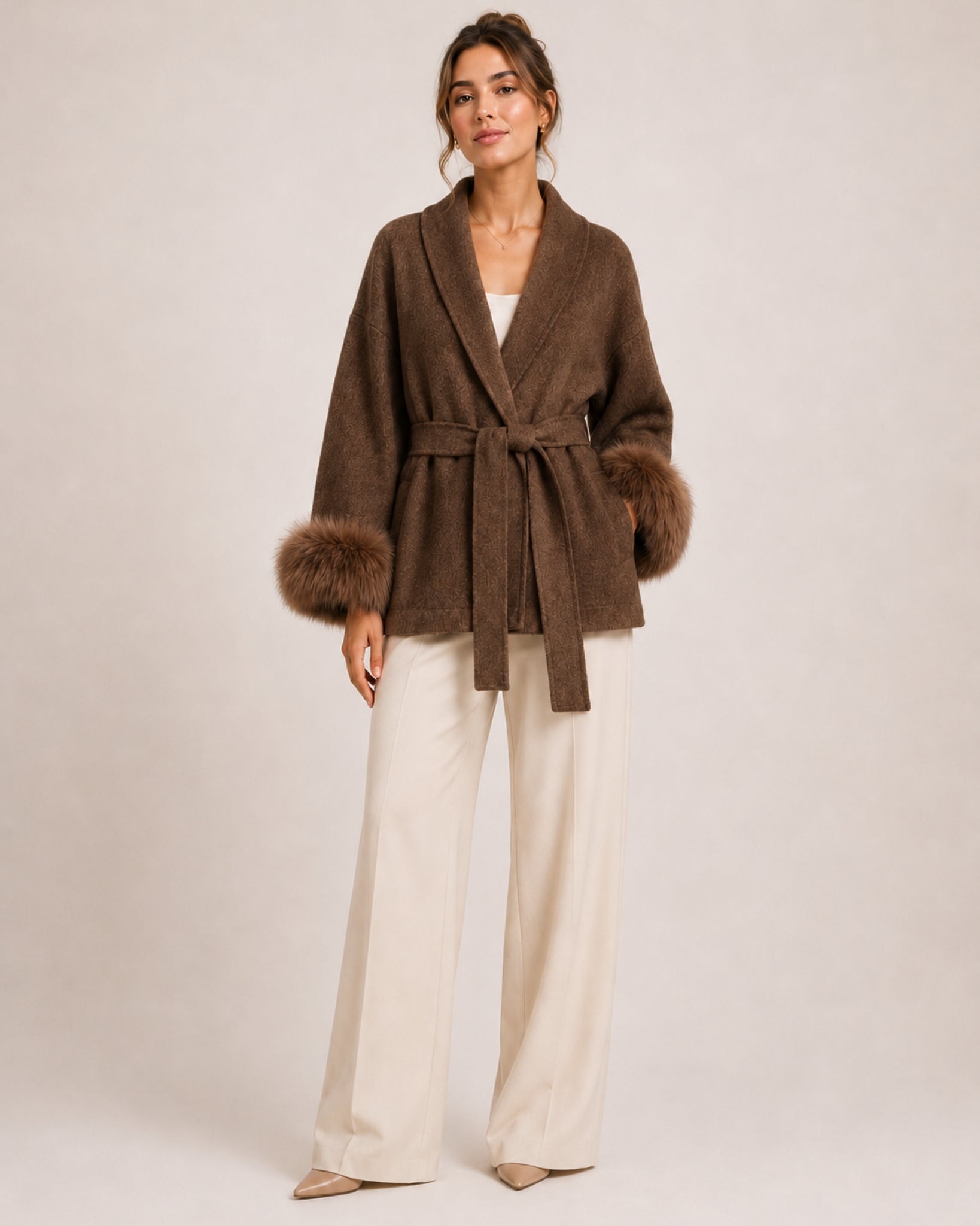 Women's Short Belted Coat with Faux Fur Cuffs