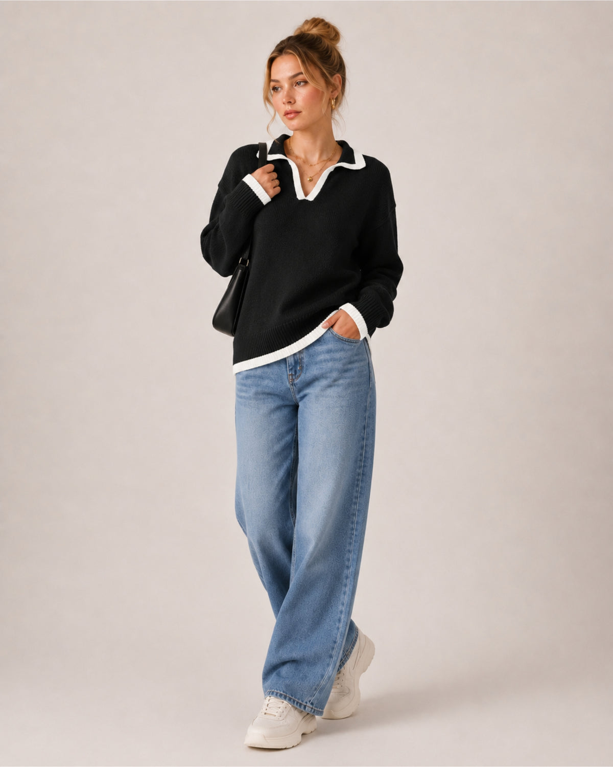 Women's V Neck Collared Knitted Jumper