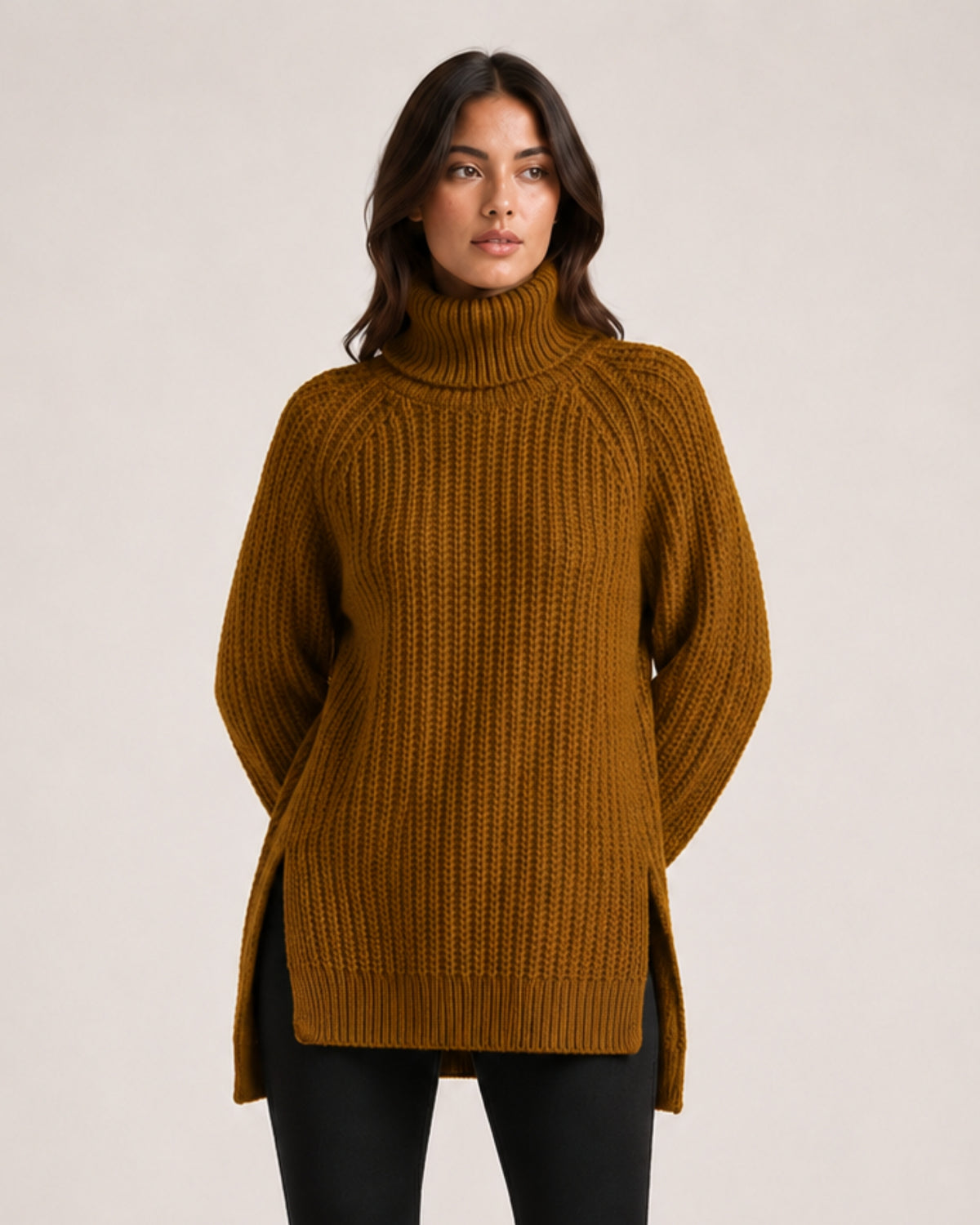 Women's Chunky Knit Roll Neck Jumper with Side Splits