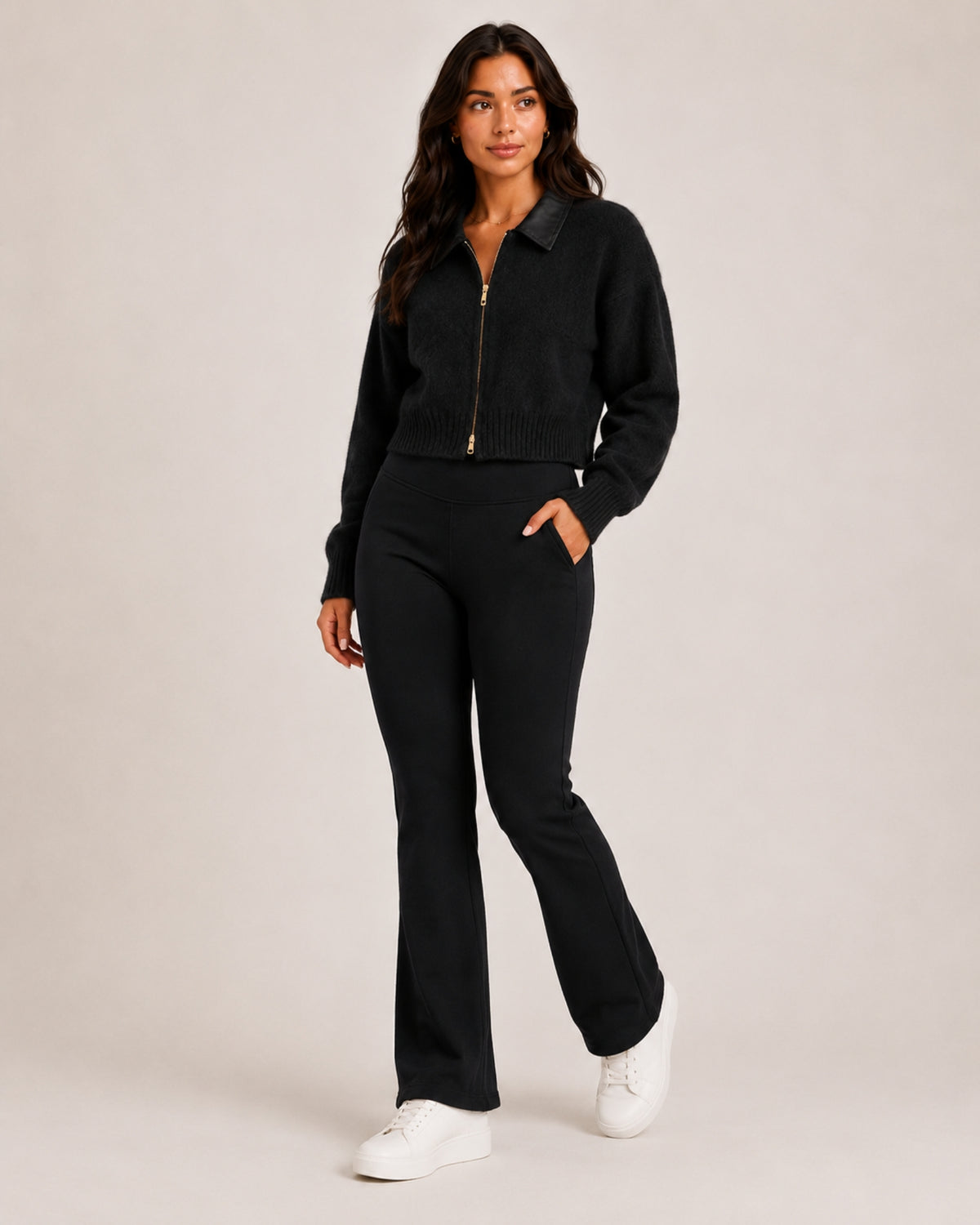 Women's Cropped Zip-Up Cardigan with Contrast Collar
