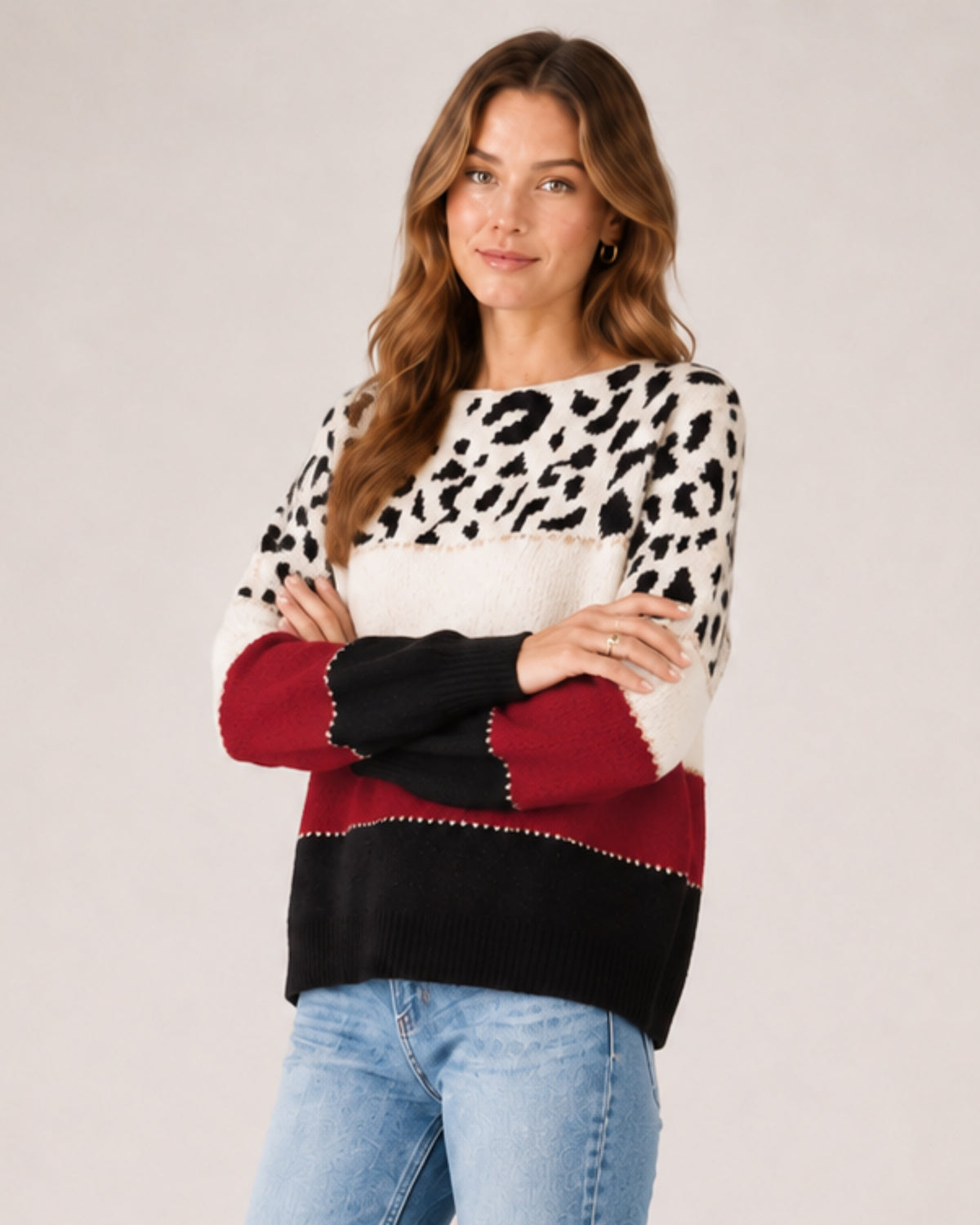 Women's Knitted Jumper Patterned Colour Block Crew Neck Style