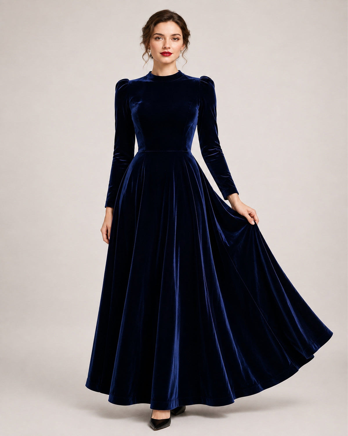 Women's Velvet Dress Midi Long Sleeve A Line Style