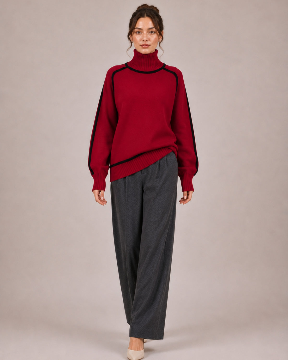 Women's Oversized Turtleneck Jumper with Contrast Trim