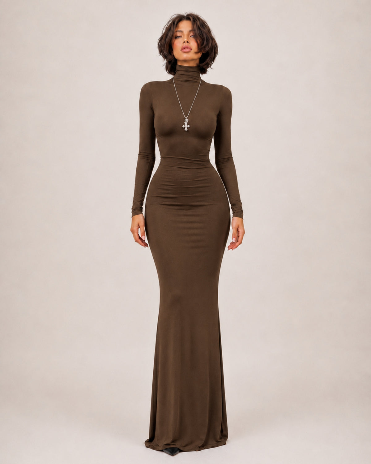 Women's Long Sleeve Bodycon Maxi Dress with High Neck