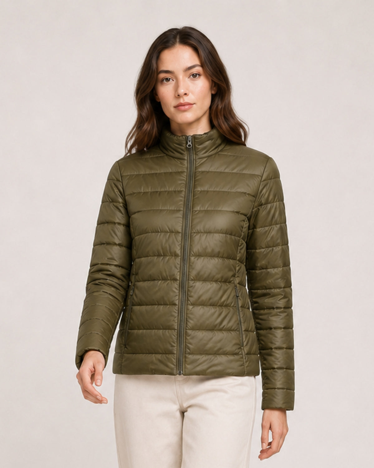 Women's Quilted Puffer Jacket with Stand Collar and Fitted Shape