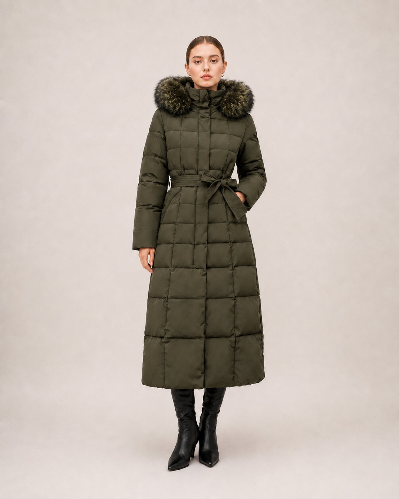 Women's Long Puffer Coat with Faux Fur Hood & Belt