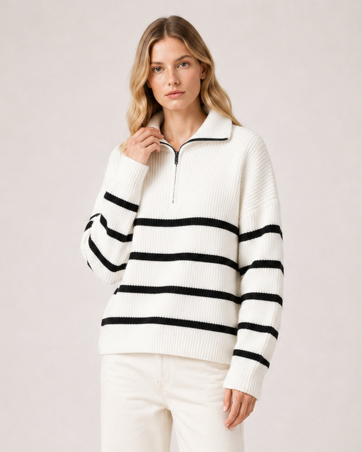 Women's Striped Jumper Half Zip Collared Knit Style