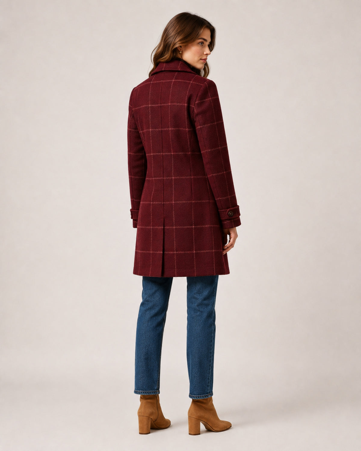 Women's Checked Coat Long Tailored Button Front Style