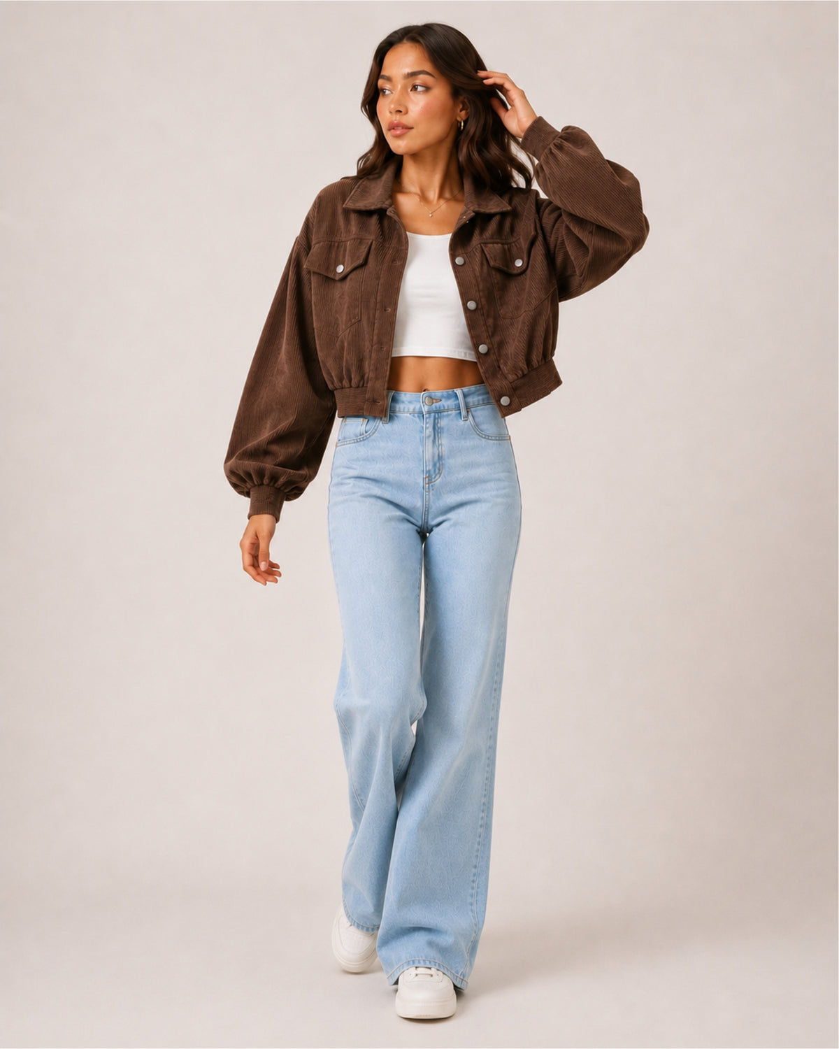 Women's Brown Corduroy Jacket – Cropped Button-Up Style