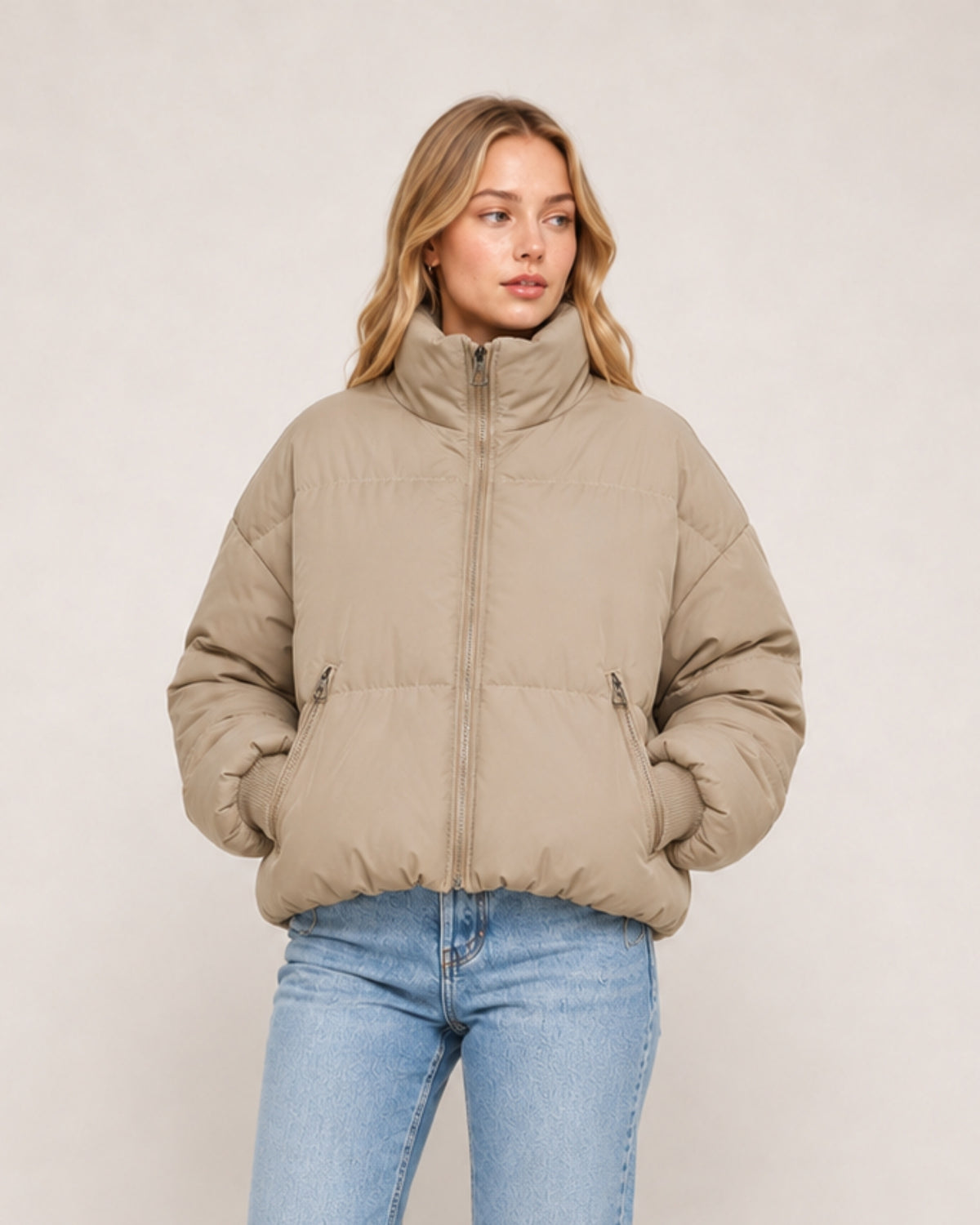 Women's Cropped Puffer Jacket with High Neck and Ribbed Cuffs
