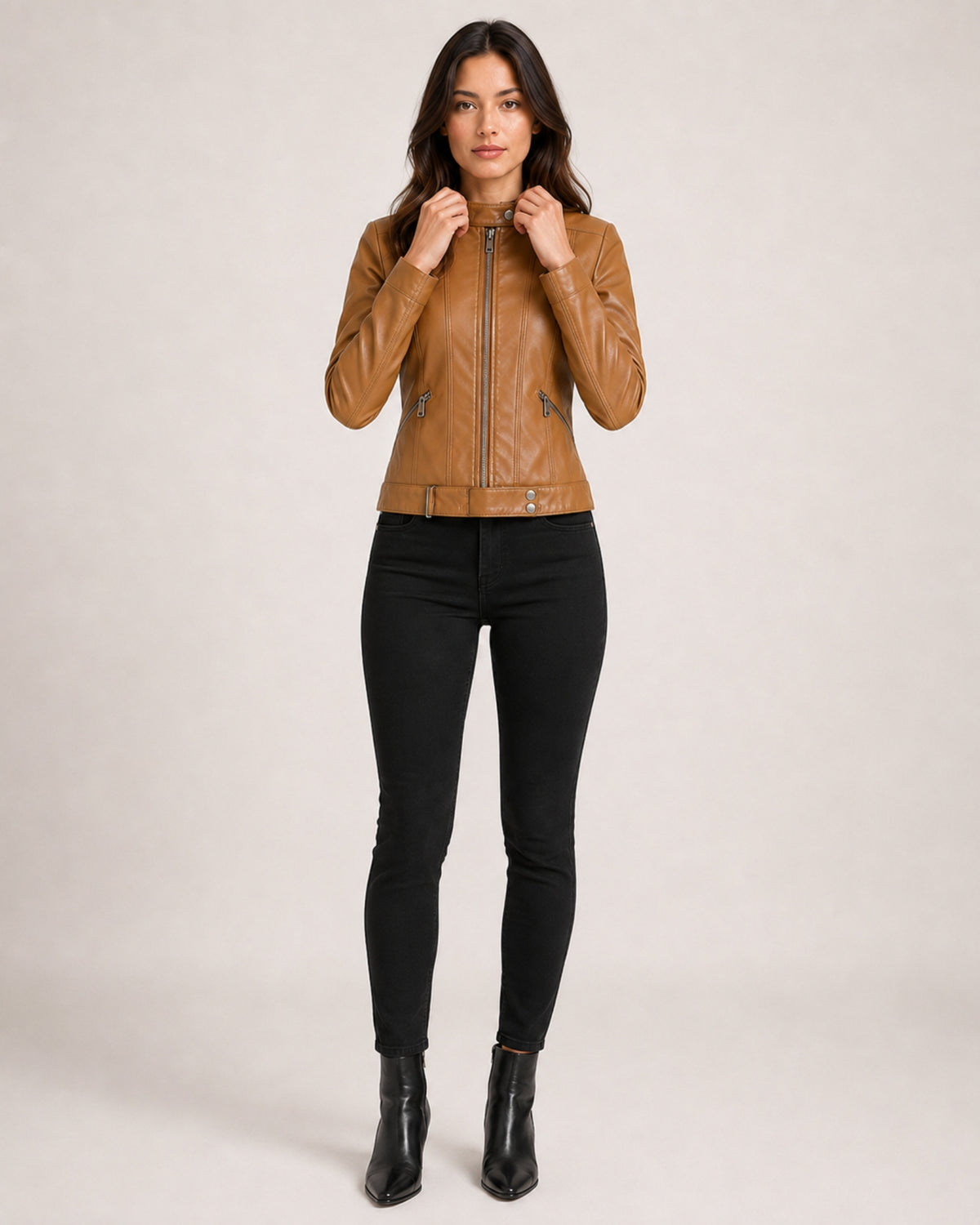 Women's Brown Faux Leather Jacket – Fitted Zip-Up Style
