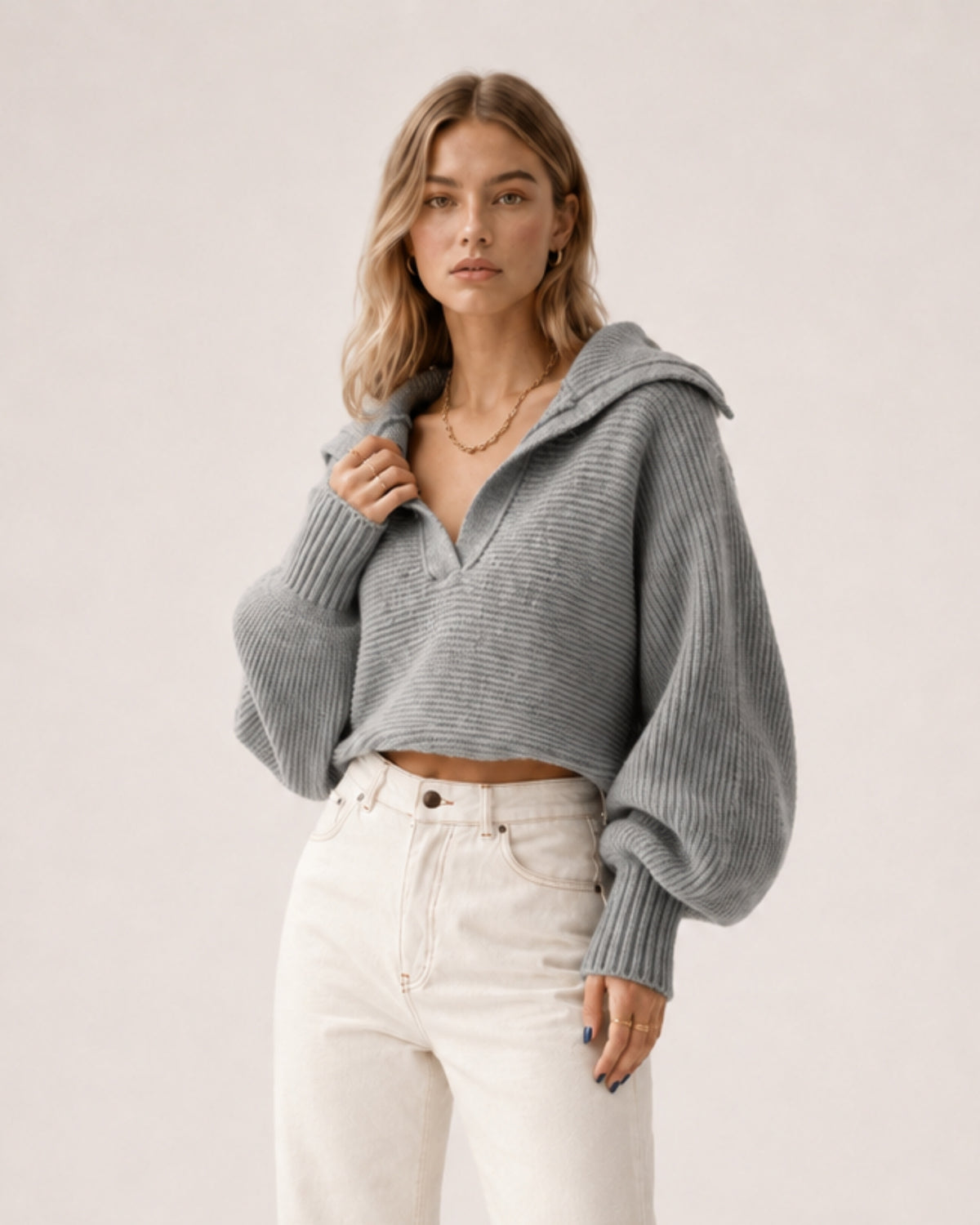 Women's Cropped Jumper Half Zip Chunky Knit Style