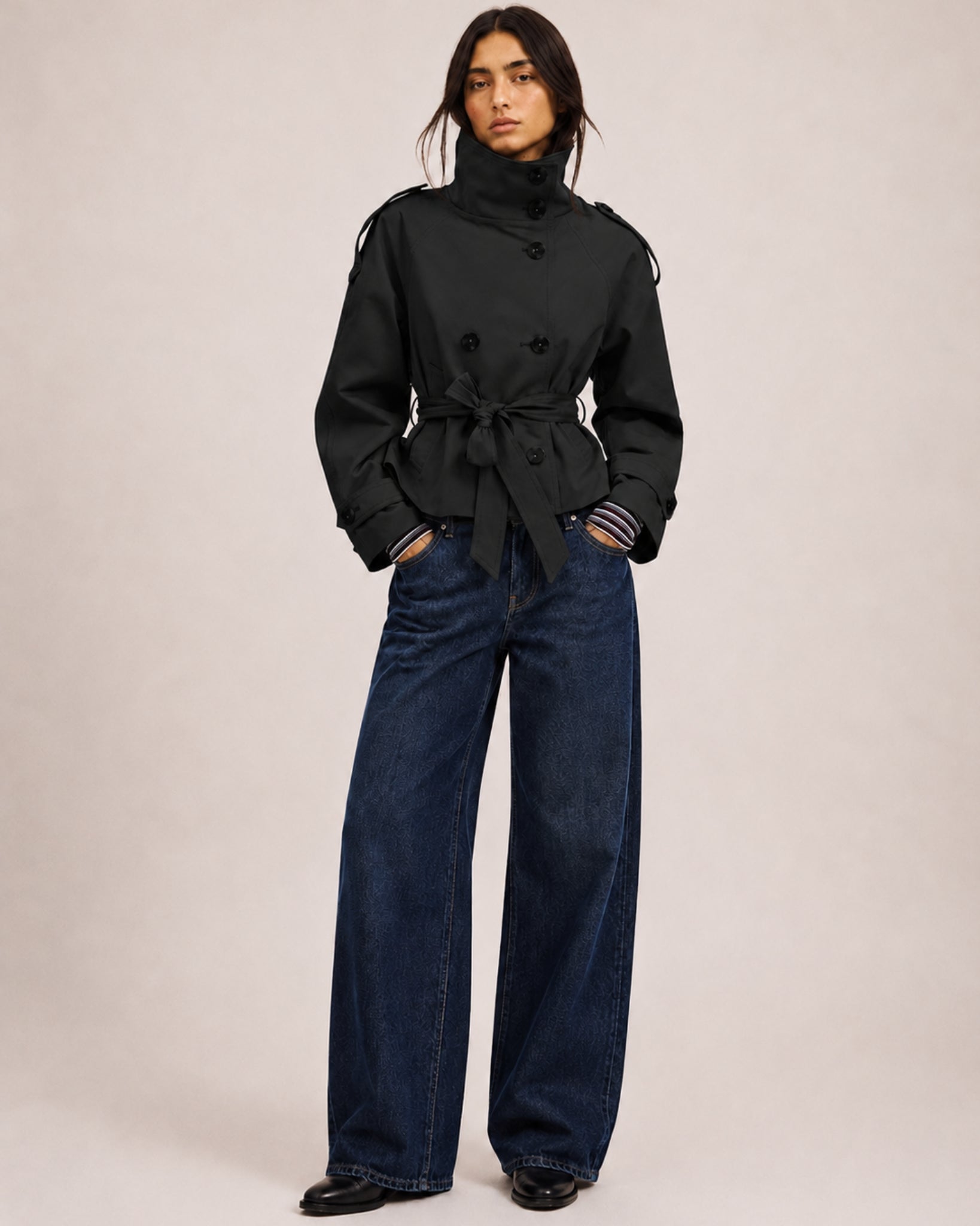 Women's Cropped Trench Coat with Belt & Stand Collar