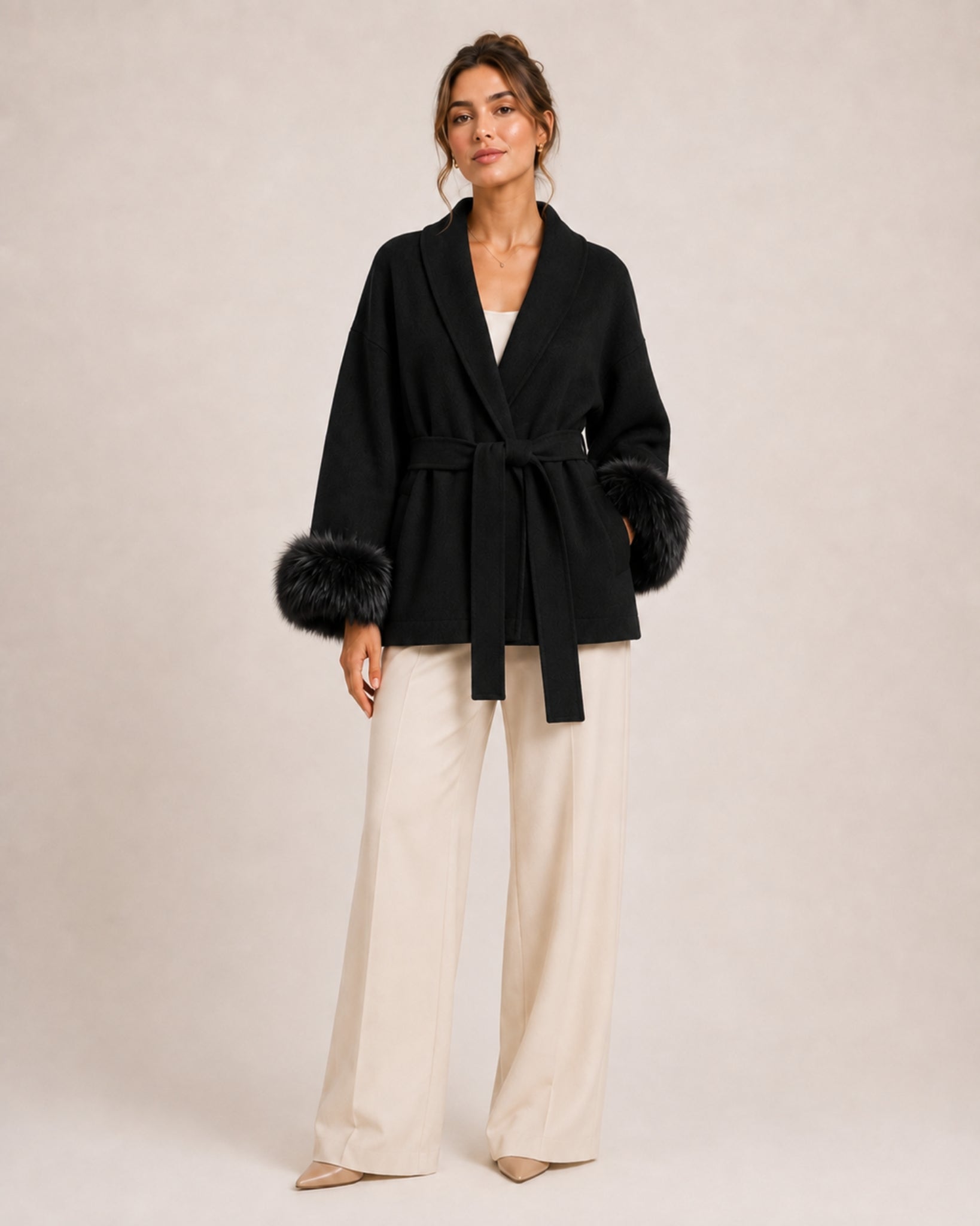Women's Short Belted Coat with Faux Fur Cuffs