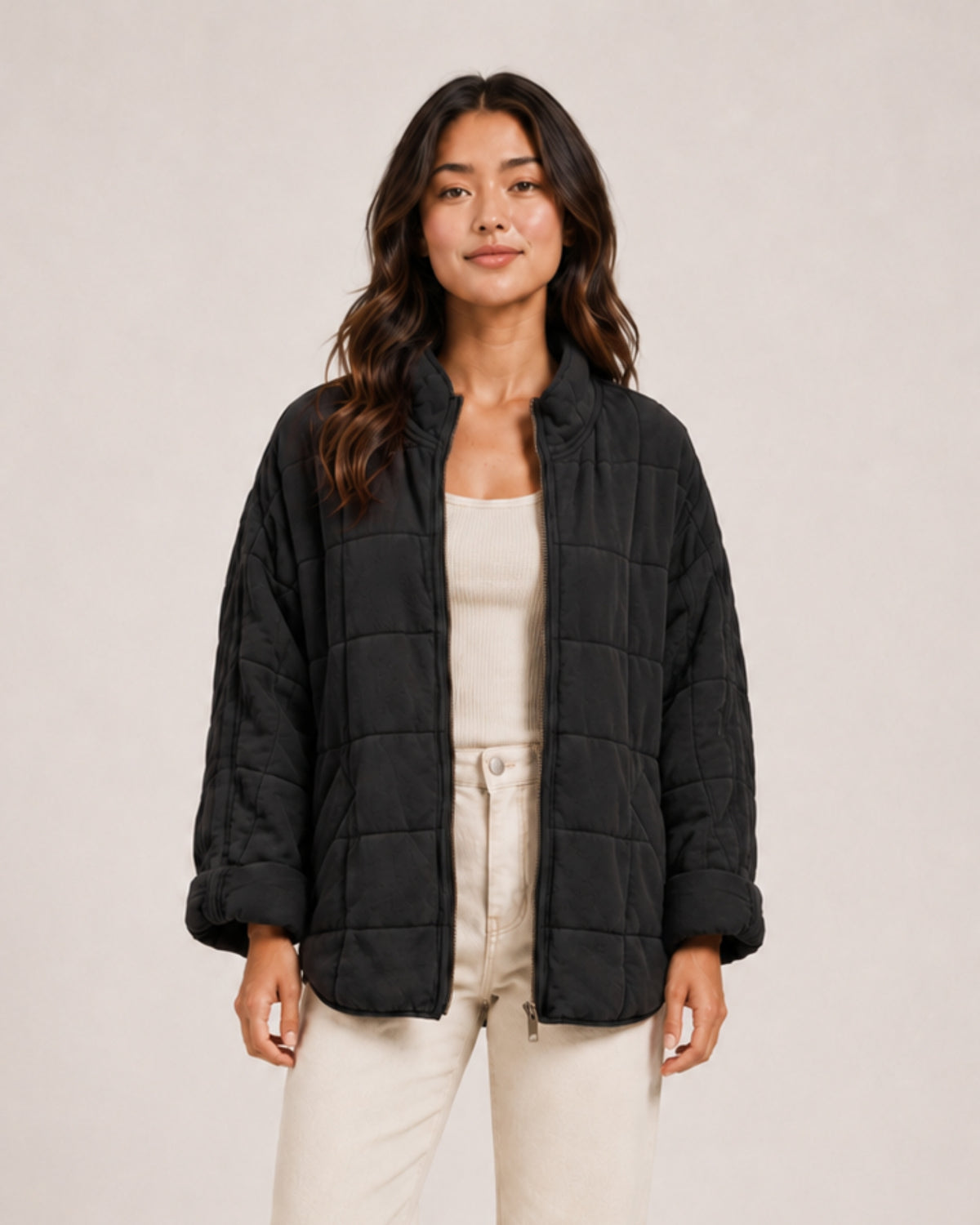 Women's Green Quilted Jacket – Relaxed Zip-Up Style