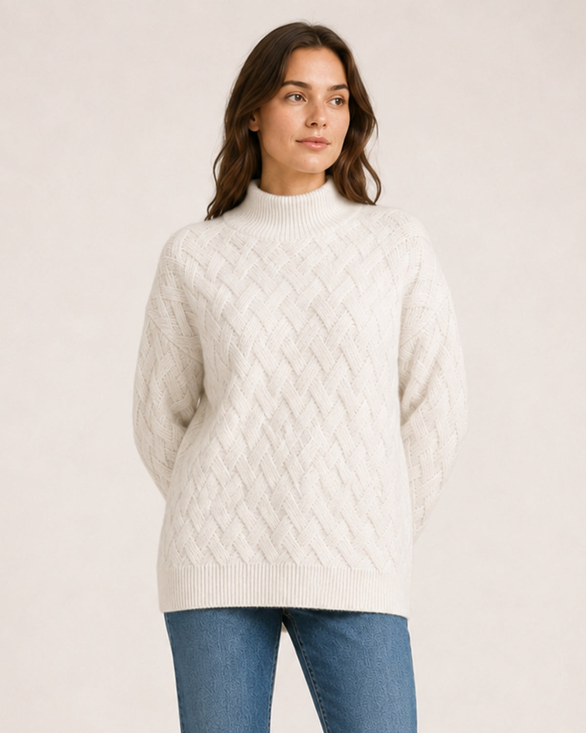 Women's Textured Roll-Neck Jumper with Basketweave Knit