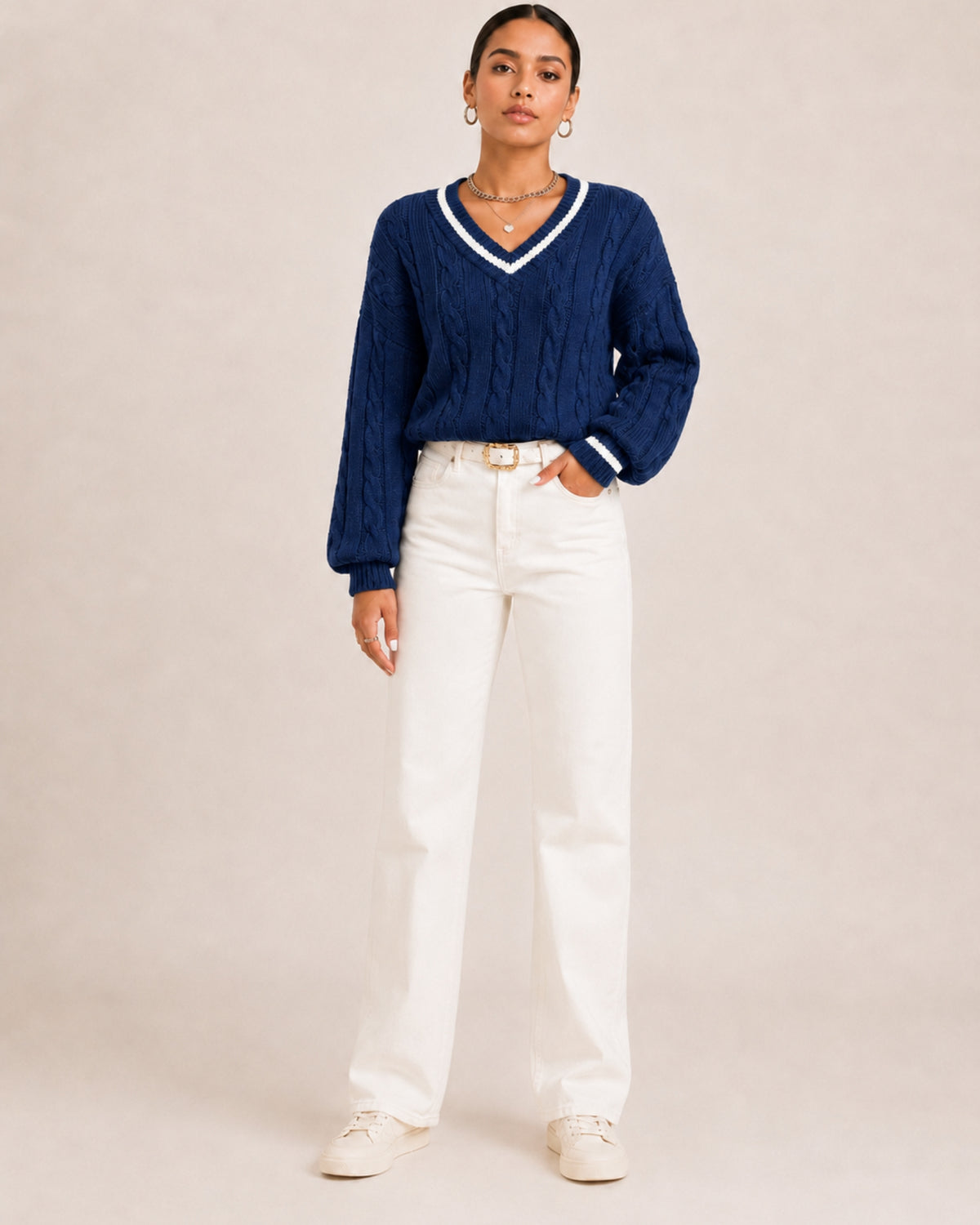 Women's V Neck Cable Knit Jumper with Contrast Trim
