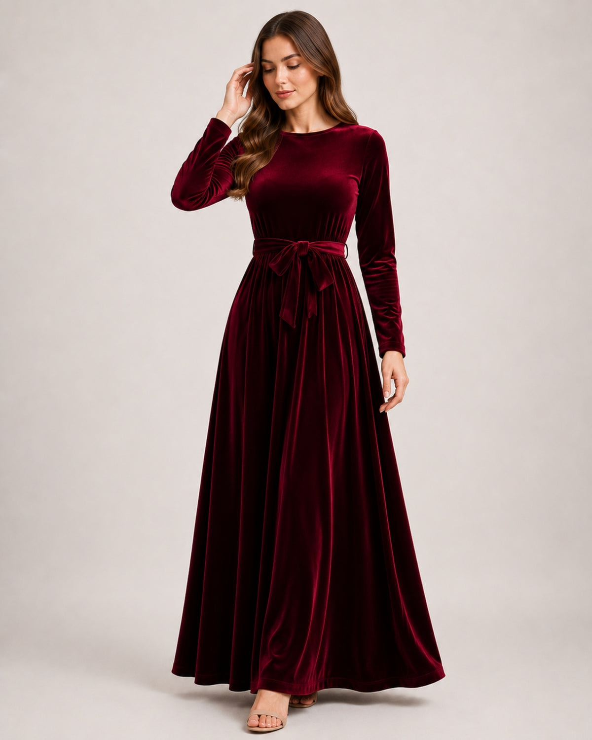 Women's Velvet Maxi Dress Long Sleeve Belted Style