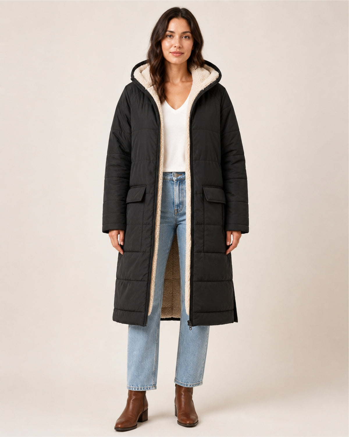 Women's Long Puffer Coat – Hooded Quilted Padded Jacket