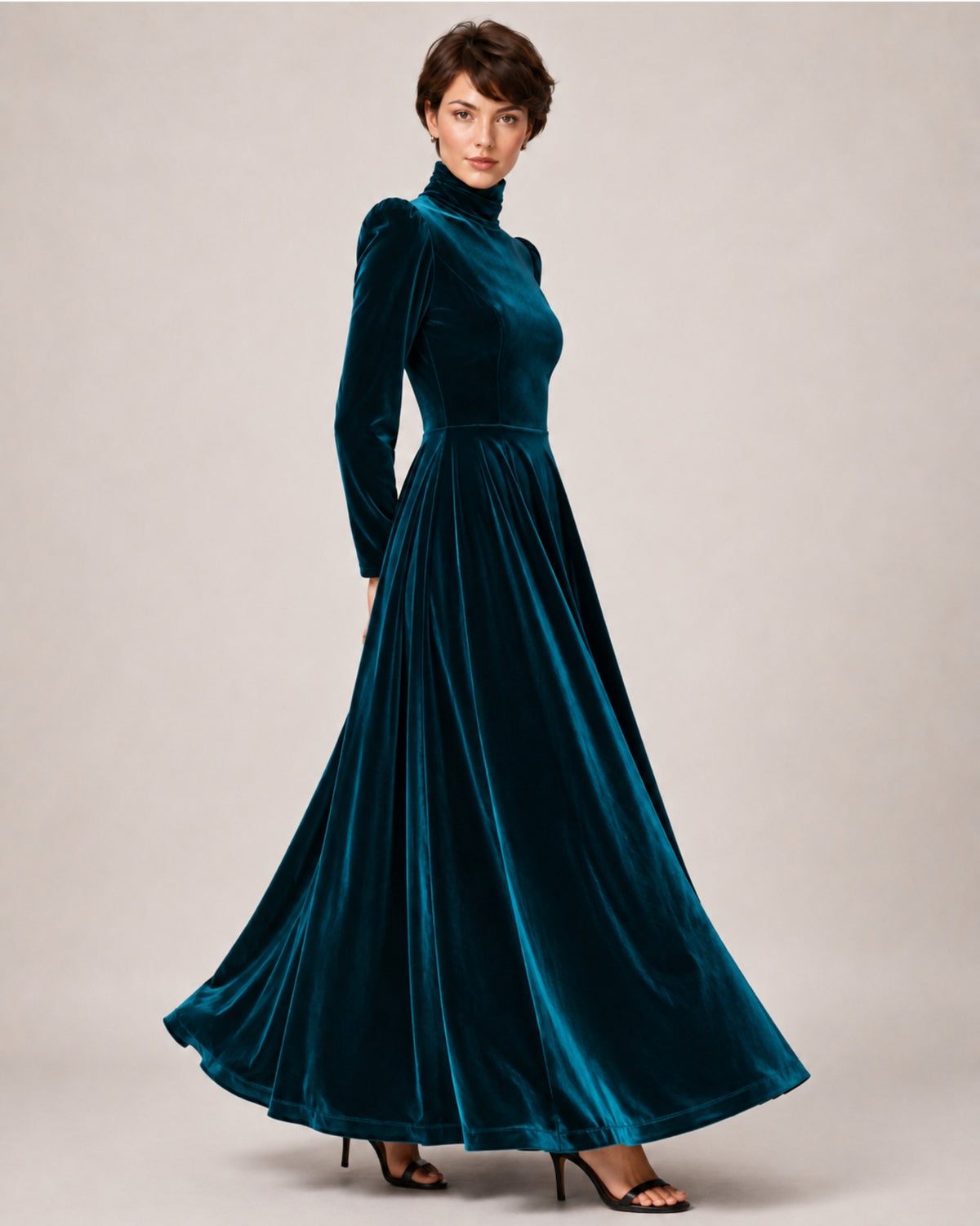 Women's Velvet Dress High Neck Long Sleeve A Line Style