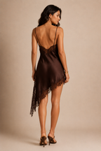 Women's Satin Lace Trim Asymmetric Slip Dress