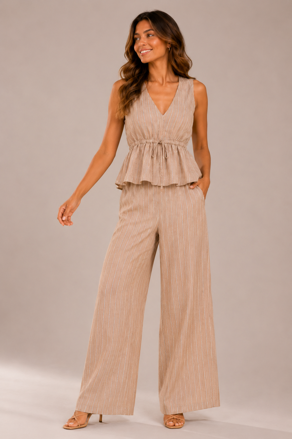 Women's Sleeveless Co Ord Set Wide Leg Striped Summer Outfit