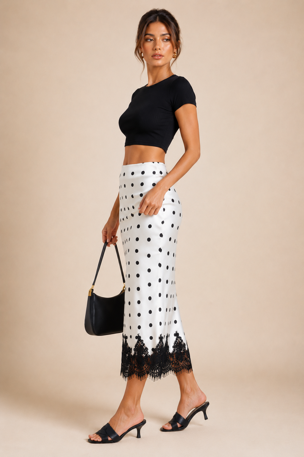 Women's Polka Dot Satin Maxi Skirt with Lace Trim
