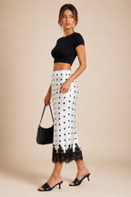 Women's Polka Dot Satin Maxi Skirt with Lace Trim